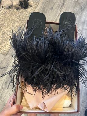 Black Feather-Trim Slide Slippers for Women